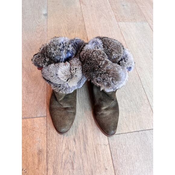 Vintage 80's Women's L.L. Bean Fur-Lined Olive Green Suede Short Boot Sz 6.5 - Picture 1 of 9